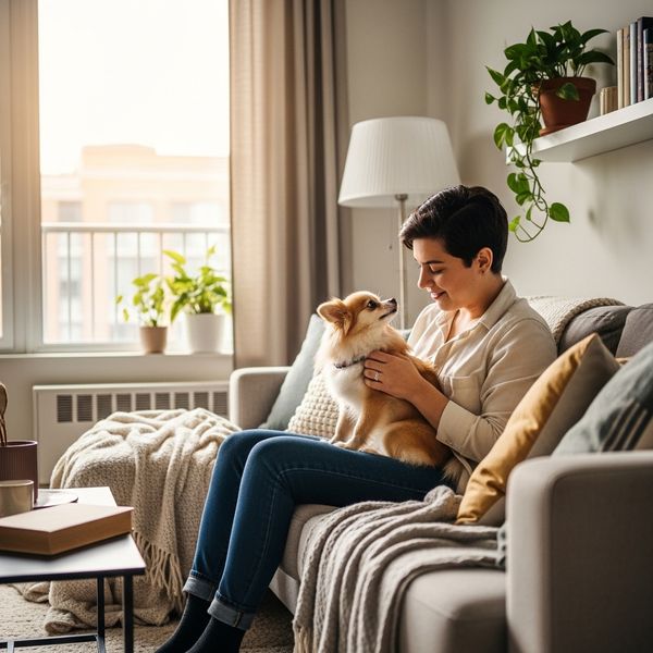 person with small dog in an apartment
