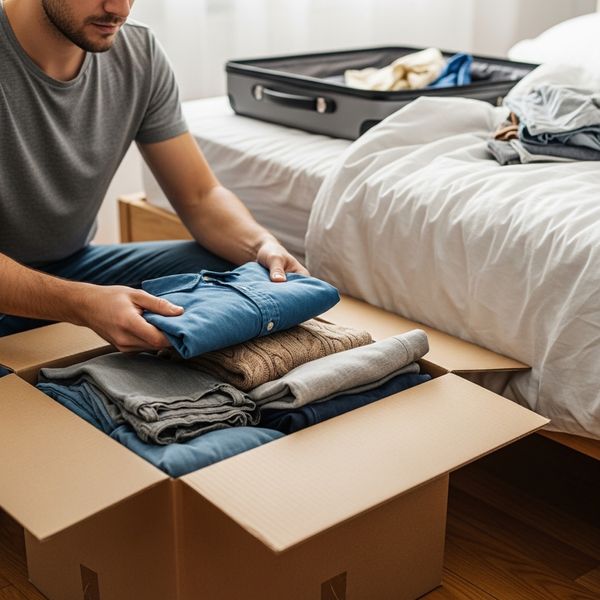 person packing clothes in a box