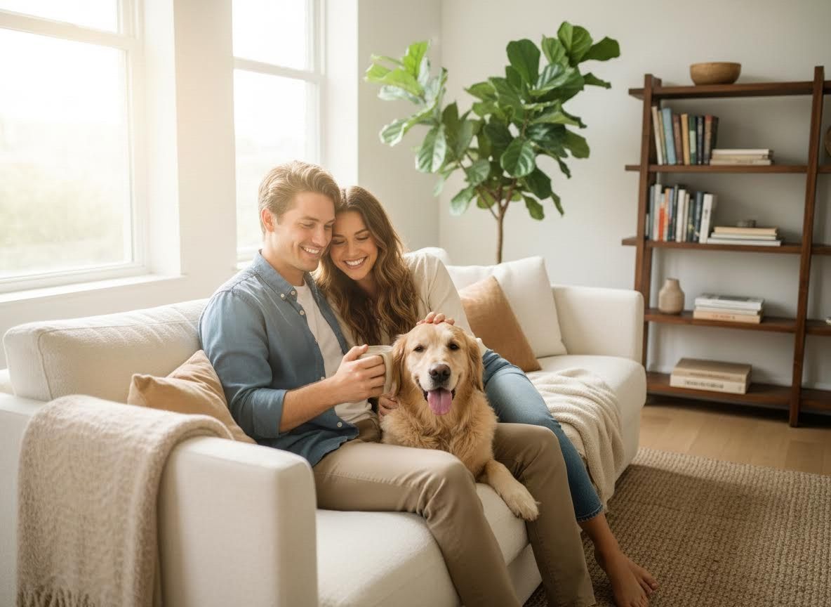 couple with a dog in an apartment