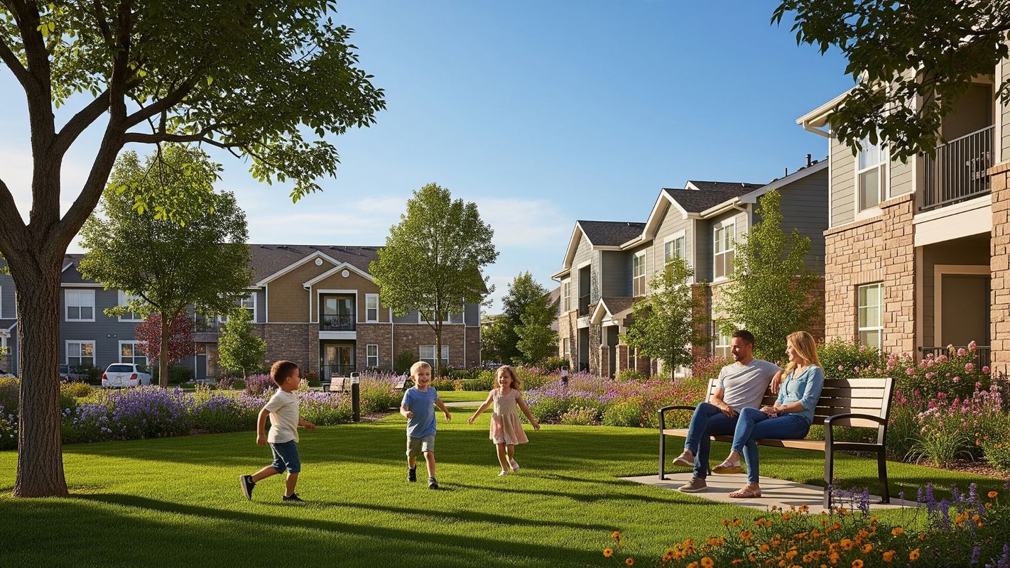 Apartment community with 2 parents and 3 kids outside