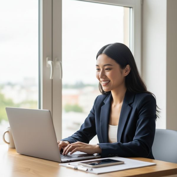 A smiling person in a navy blazer is engaged in a video conference on a lapto A smiling person in a navy blazer is engaged in a video conference on a lapto