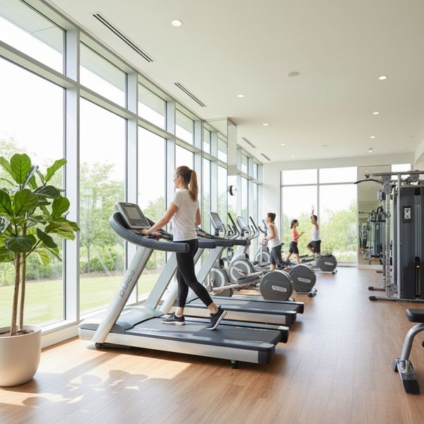Person using treadmill in a well-equipped, bright apartment fitness center Person using treadmill in a well-equipped, bright apartment fitness center