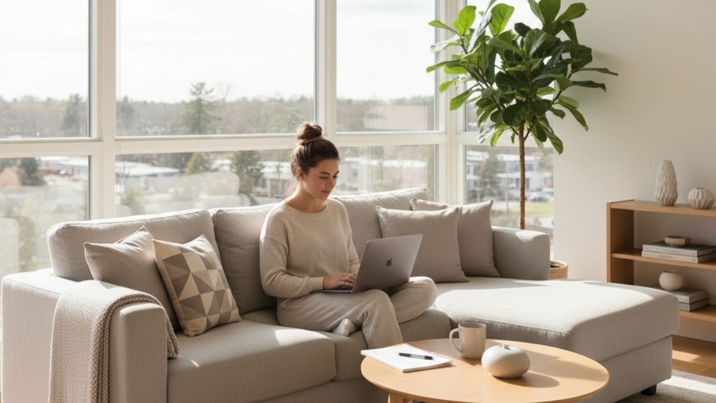 A person is comfortably working on a laptop while sitting on a light gray sofa