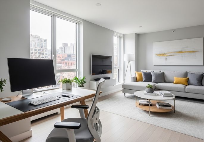 A bright, modern apartment living room with a dedicated home office desk near a large window.