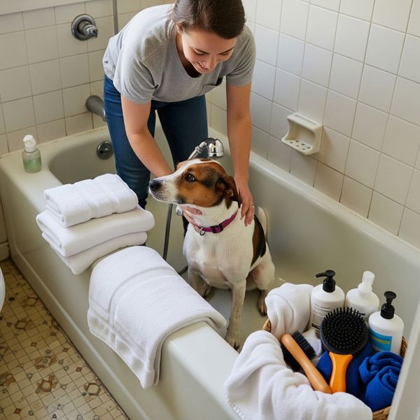 Woman washing her dog