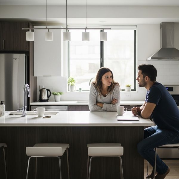 Roommates discussing their living arrangements in a modern kitchen