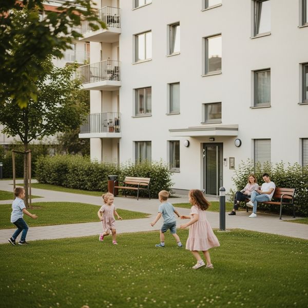 Children playing on grass near a modern apartment building