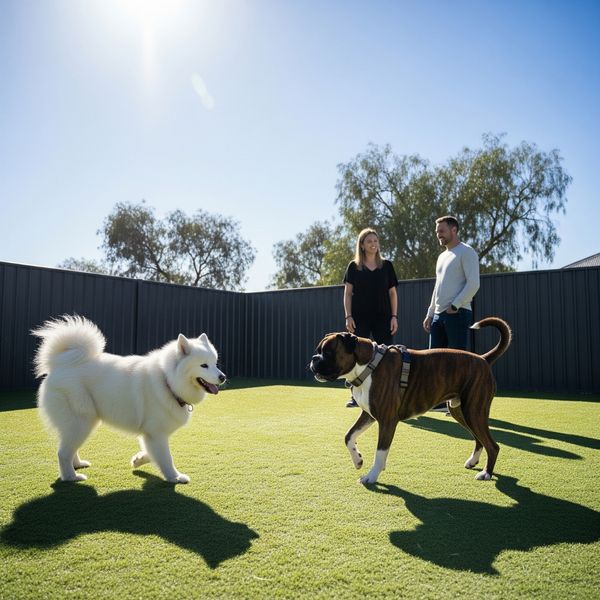 2 dogs playing separately off-leash in a small fenced-in dog park