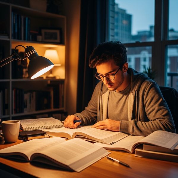 a college student in an apartment studying