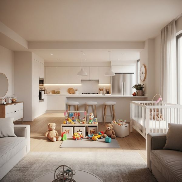 apartment interior with visible kids’ toys neatly arranged
