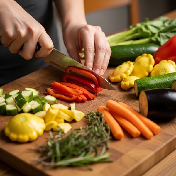 close-up of a person cutting vegetables to cook with