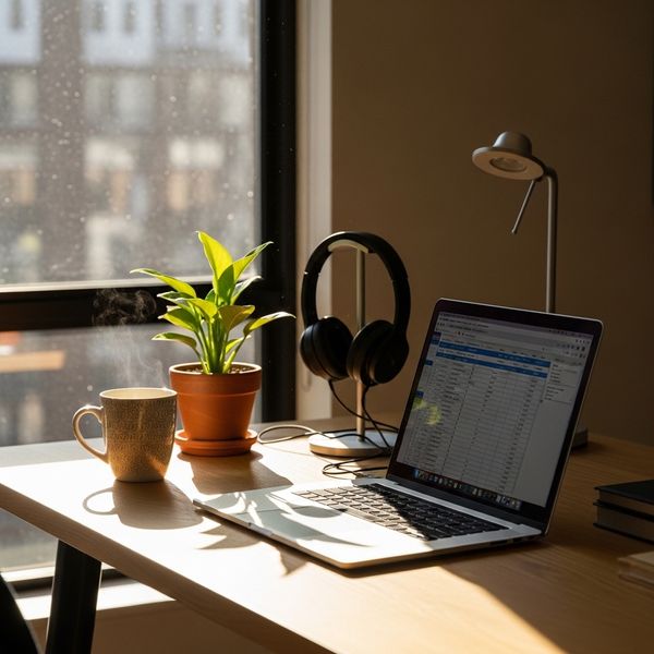 office desk in an apartment positioned to capture natural sunlight from a window