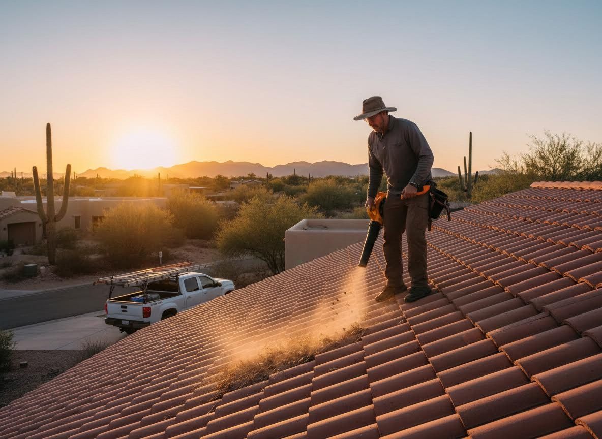 Man cleaning a terracotta tile roof with a leaf blower at sunset in the desert