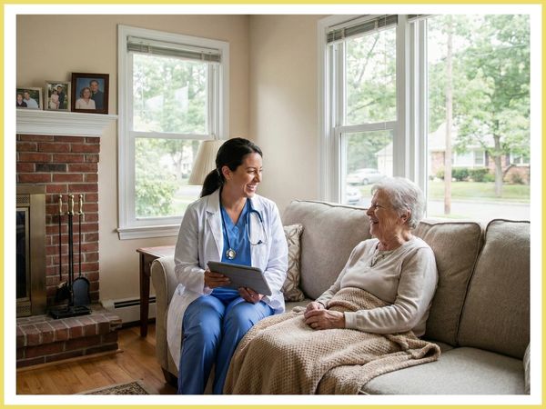 nurse practitioner visiting an elderly patient at home