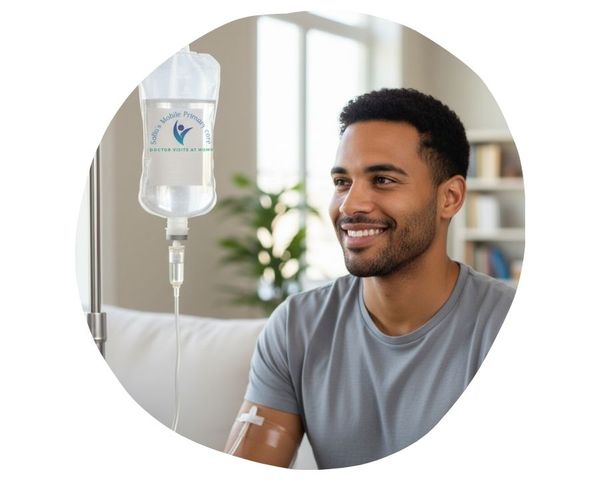 man resting while receiving an intravenous infusion treatment.