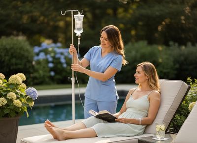 Nurse administering IV drip to woman relaxing outdoors