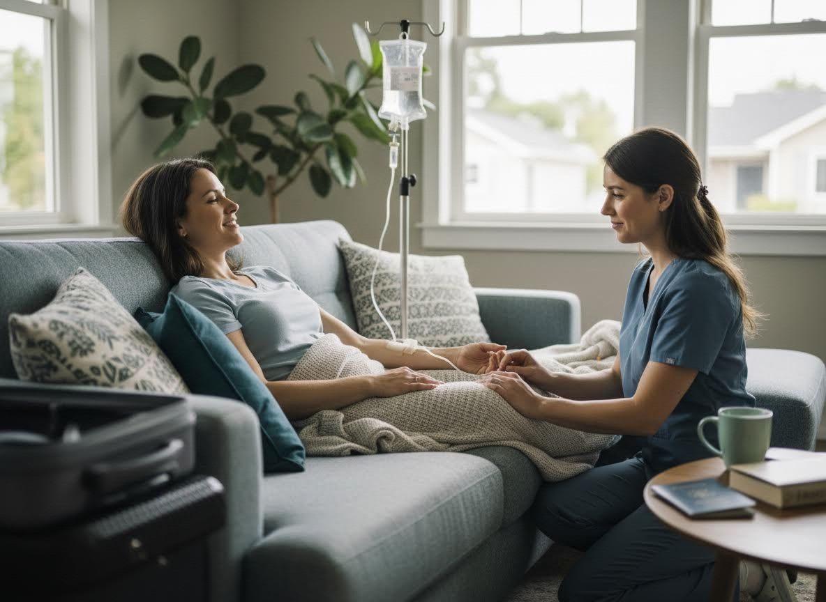 Nurse administering at-home IV therapy to a smiling patient