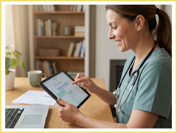 nurse practitioner using a tablet to schedule a patient visit