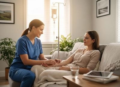 A smiling nurse in blue scrubs administers an IV infusion to a relaxed female patient sitting on a sofa in a bright home setting. Home IV Infusion Therapy with Nurse