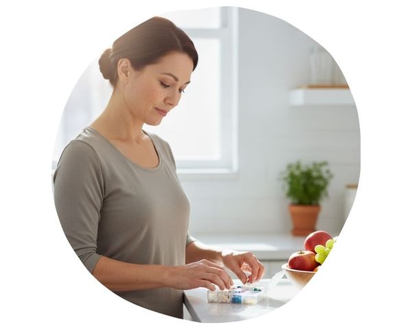 Woman organizing medication into a weekly pill dispenser.