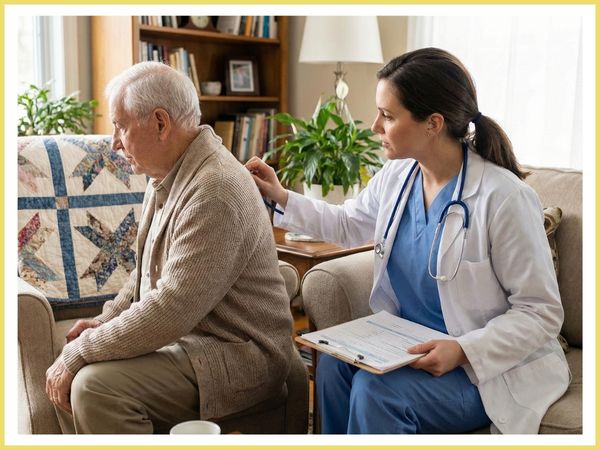 medical professional performing a home physical exam on a senior patient