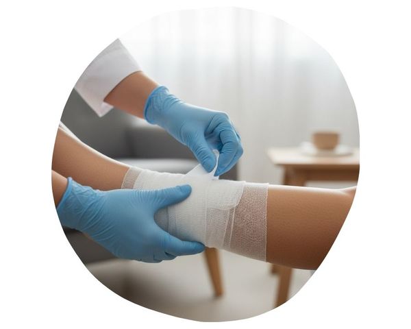 Medical professional applying a clean gauze bandage to a leg.