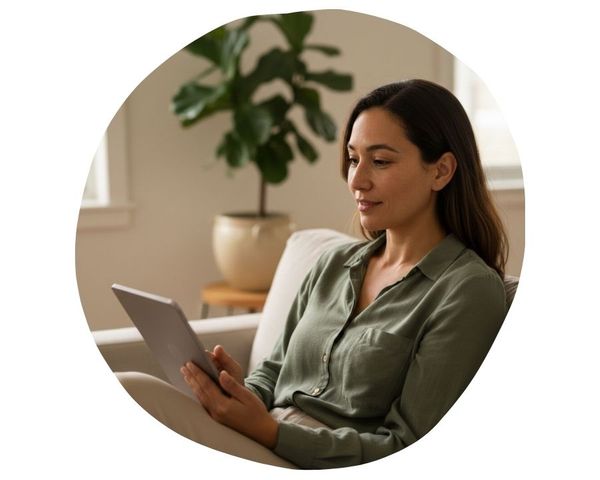 Woman using a tablet for a remote medical consultation.