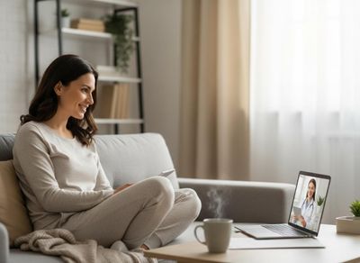 A smiling woman in loungewear sits on a sofa, participating in a virtual doctor's appointment on her laptop. A steaming mug is nearby. Woman having a telemedicine video call
