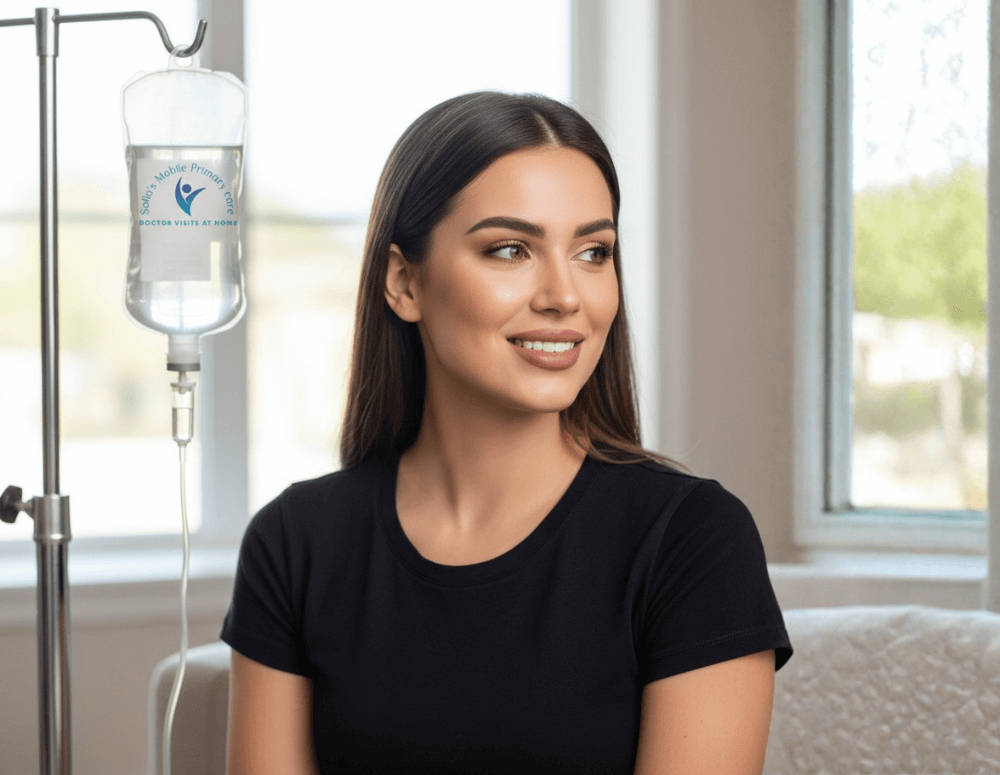 Smiling woman sitting next to a medical IV stand