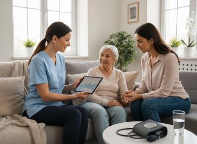 A nurse in blue scrubs shows health data on a tablet to an elderly woman and a younger woman (likely her daughter) on a sofa at home. Home Care Nurse Explains Digital Health Data to Elderly Patient and Daughter