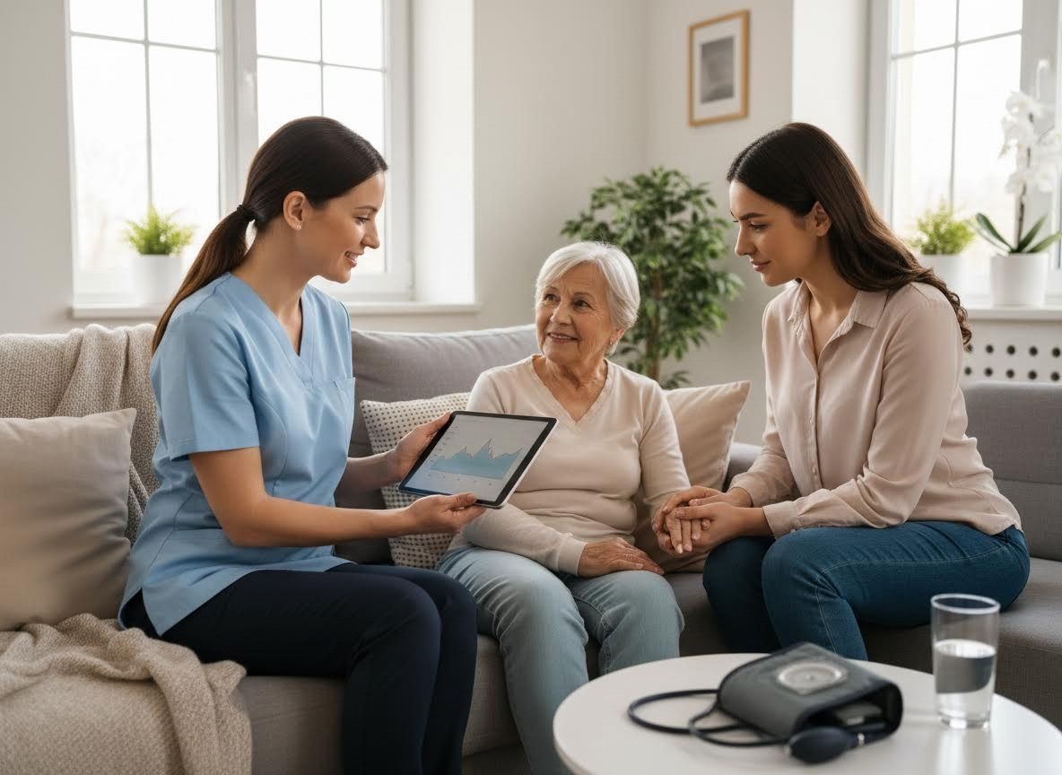 Home Care Nurse Explains Digital Health Data to Elderly Patient and Daughter