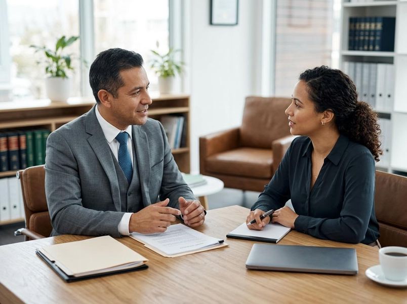 lawyer speaks to a client in his office lawyer speaks to a client in his office