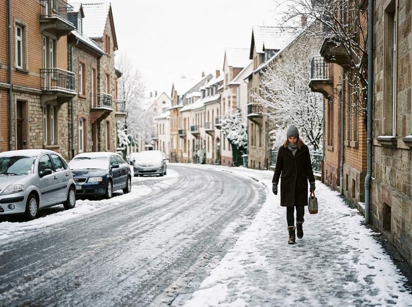 woman walks down an icy road in the winter woman walks down an icy road in the winter
