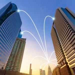 tall building with overlaid lines jumping between them