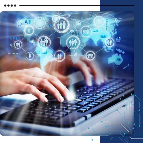 typing on computer with tech icons overlaid