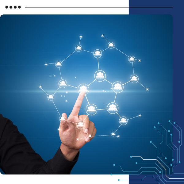 hand reaching out to touch overlaid tech icon 