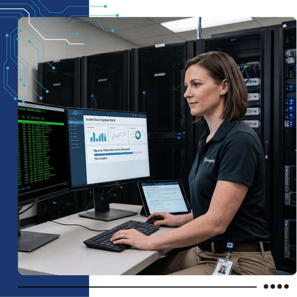 A person working at a computer in a server room with multiple server racks and monitors displaying data.