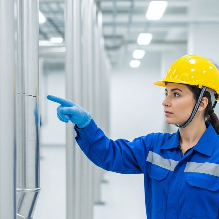 a vigilant worker pointing out a latent hazard in the workplace