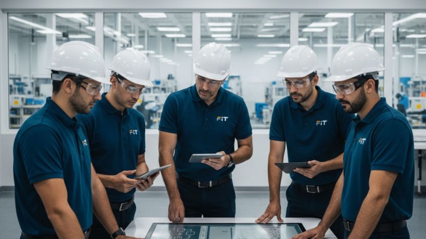 A focused team of industrial supervisors in a modern facility reviewing safety plans together.