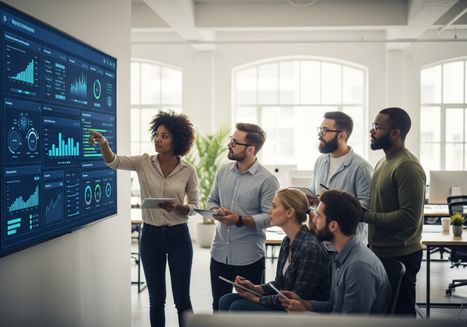 Business team analyzing data on a large display
