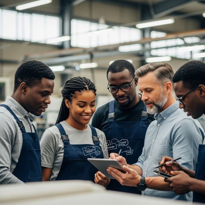 a team of workers and managers collaborating to create practical, lasting solutions for their workplace