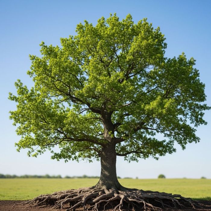 A strong tree with deep, visible roots, representing sustainable gains.