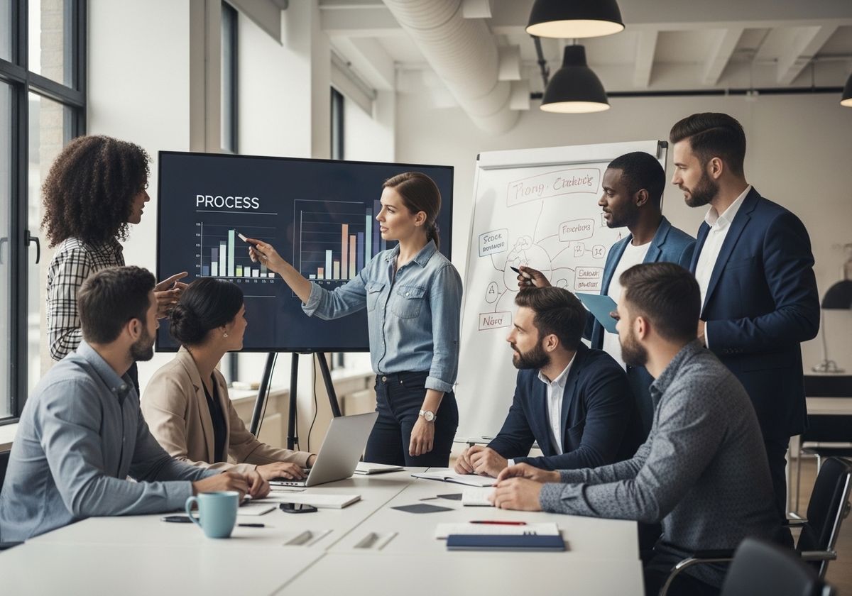 Diverse team collaborating on business process presentation
