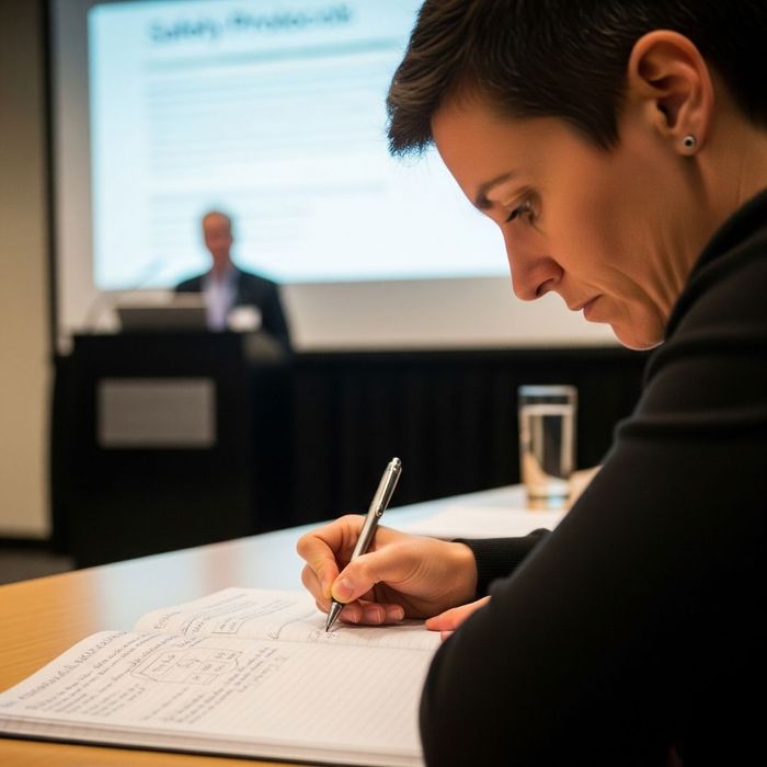 An attendee taking notes during a professional worksite safety training session. An attendee taking notes during a professional worksite safety training session.