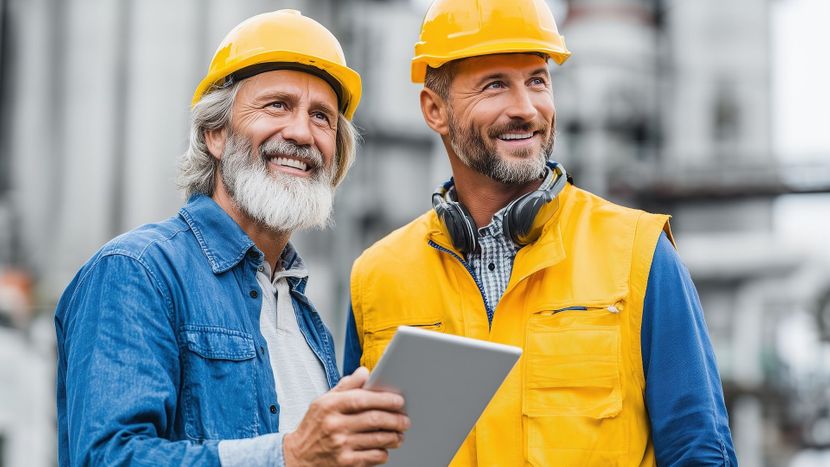 Construction business men looking at job site with hard hats on