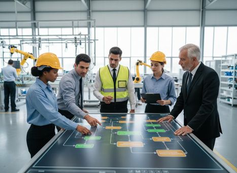 Five professionals, including engineers in hard hats, analyze a digital process flow on an interactive screen in a modern factory. Diverse Team Reviewing Digital Workflow in Factory