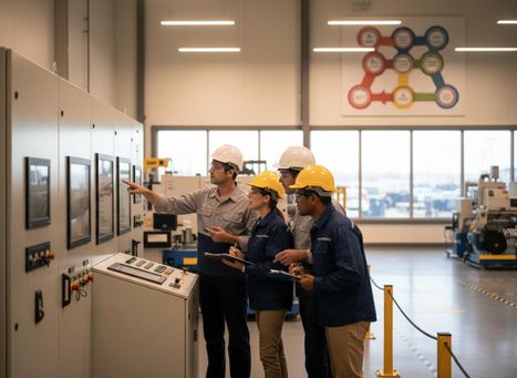 Engineers and technicians inspecting a factory control panel
