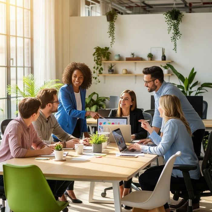 A group of engaged and diverse employees collaborating in a positive and modern work environment, representing a sustained HOP-informed culture. A group of engaged and diverse employees collaborating in a positive and modern work environment, representing a sustained HOP-informed culture.