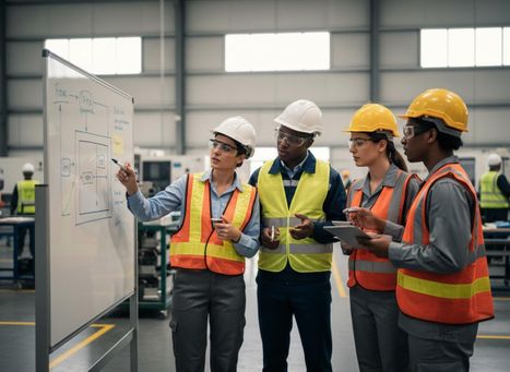 A diverse team of engineers in hard hats and safety vests reviews a process flowchart on a whiteboard in a modern factory setting. Diverse Factory Team Discussing Plans on Whiteboard