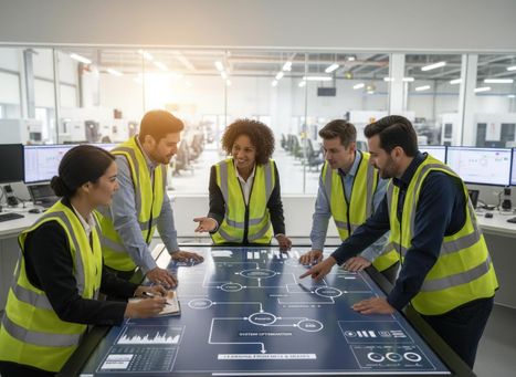 Engineers collaborating on system optimization with interactive display